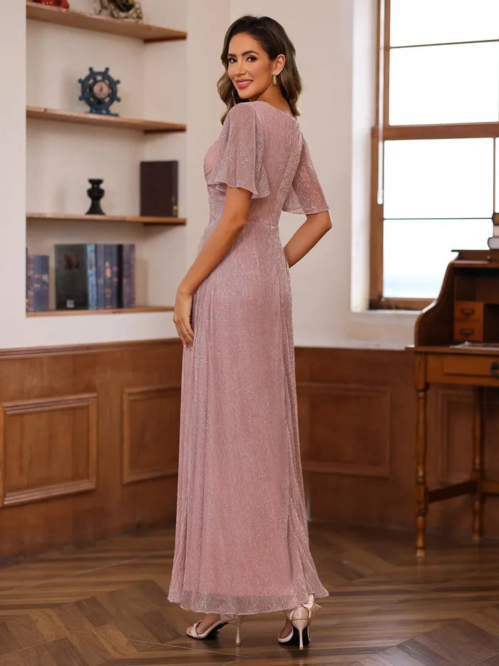 V-Neck Short Sleeves Ankle-Length Unique Mother of the Bride Dresses with Ruffles