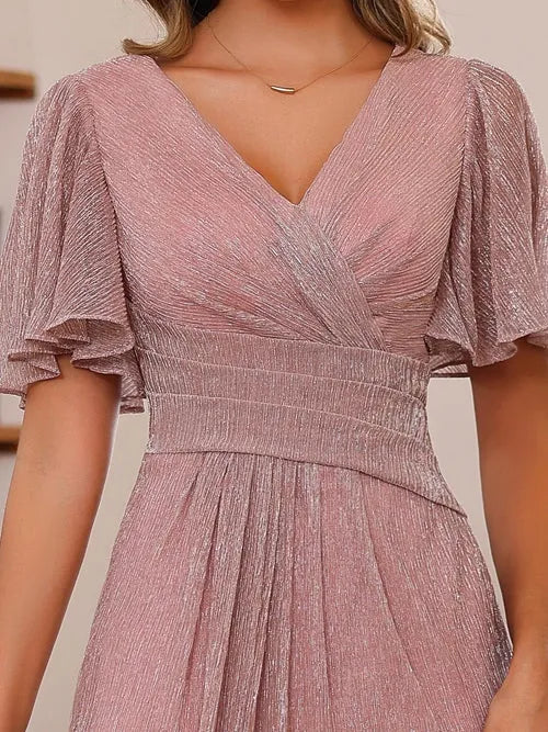 V-Neck Short Sleeves Ankle-Length Unique Mother of the Bride Dresses with Ruffles