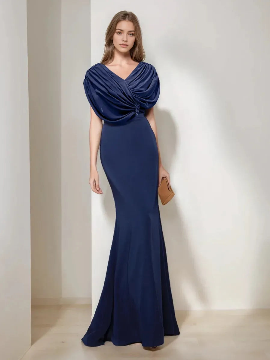 V-Neck Short Sleeves Floor-Length Mother of the Bride Dresses with Ruffles Sequins