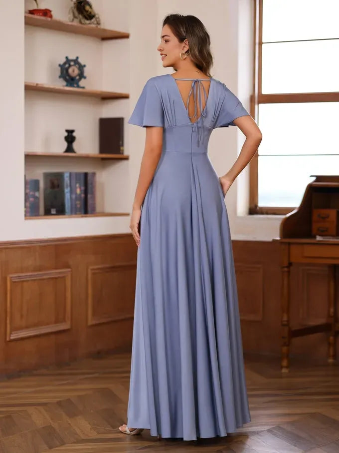 V-Neck Short Sleeves Floor-Length Mother of the Bride long Dresses with Ruffles