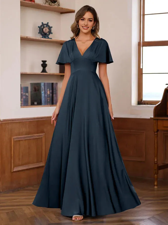 V-Neck Short Sleeves Floor-Length Mother of the Bride long Dresses with Ruffles
