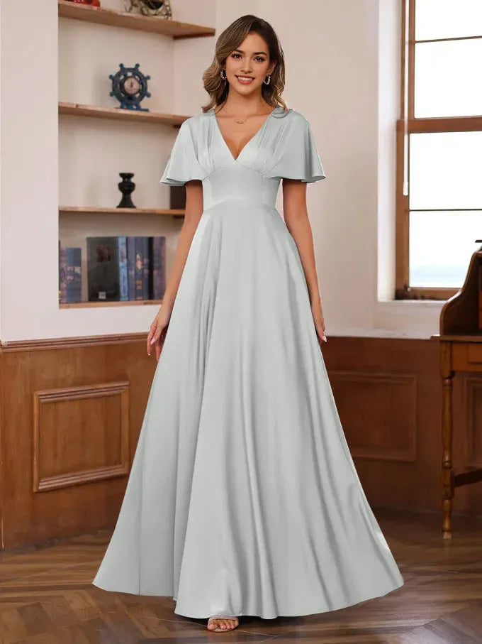 V-Neck Short Sleeves Floor-Length Mother of the Bride long Dresses with Ruffles