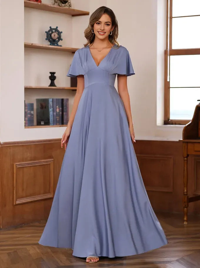 V-Neck Short Sleeves Floor-Length Mother of the Bride long Dresses with Ruffles