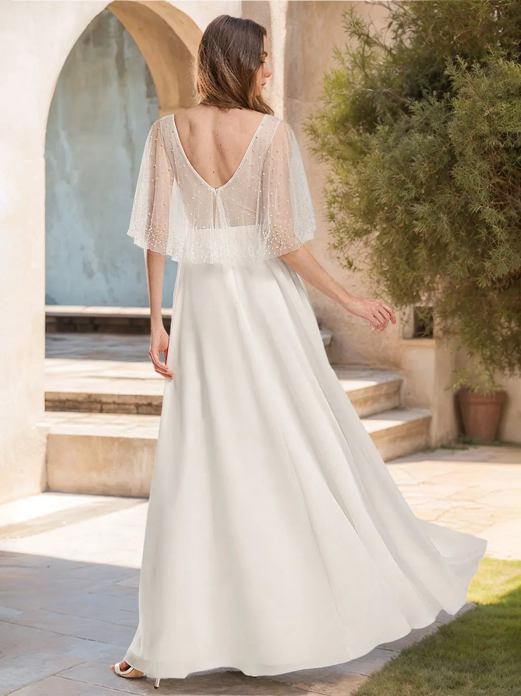 V-Neck Short Sleeves Floor-length Wedding Dress with Wrap