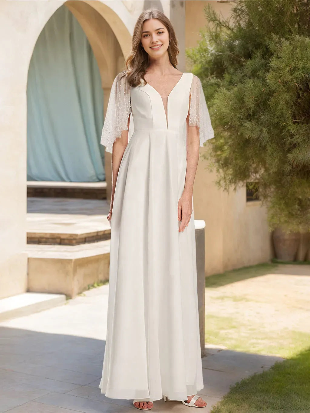 V-Neck Short Sleeves Floor-length Wedding Dress with Wrap