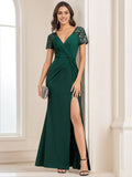 V-Neck Short Sleeves Floor Length Mother of the Bride Groom Dresses with Slit Side