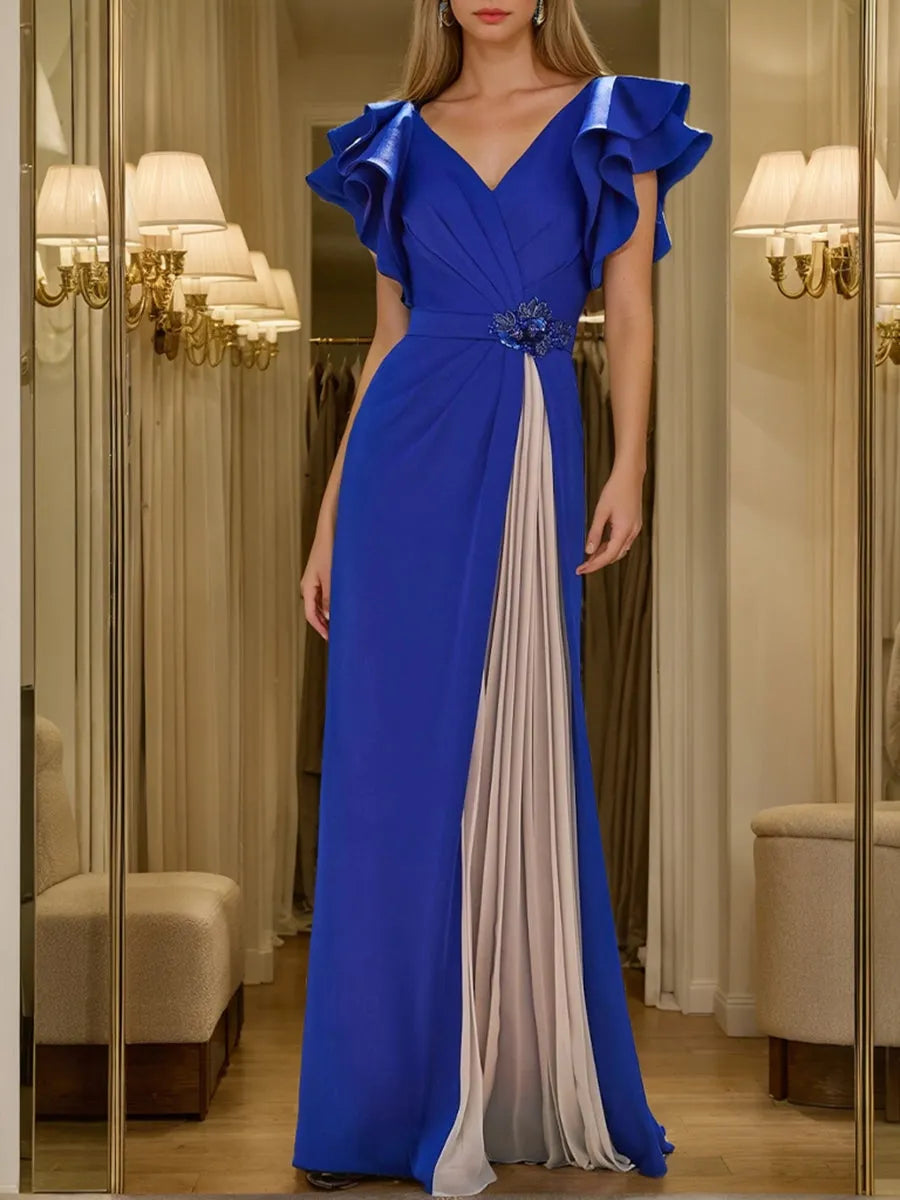 V-Neck Short Sleeves Pleated Mother of the Bride Groom Dresses with Crystal Ruffles