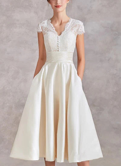 V-Neck Short Sleeves Tea-Length Wedding Dresses