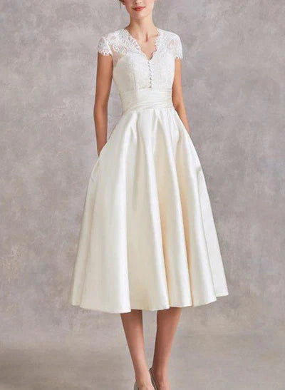 V-Neck Short Sleeves Tea-Length Wedding Dresses