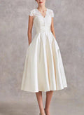 V-Neck Short Sleeves Tea-Length Wedding Dresses