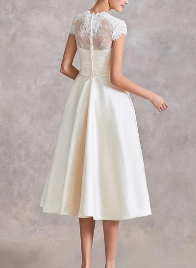 V-Neck Short Sleeves Tea-Length Wedding Dresses