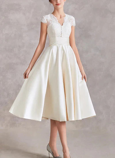 V-Neck Short Sleeves Tea-Length Wedding Dresses