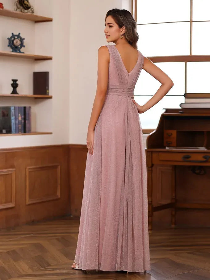 V-Neck Sleeveless Floor-Length Unique Mother of the Bride Dresses with Ruffles