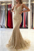Gold V-Neck Sleeveless Mermaid Evening Dress With Appliques