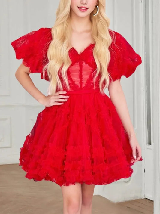 Elegant Red Slit A-Line V-Neck Sleeveless Classic-Back Mini-Length Homecoming Dress