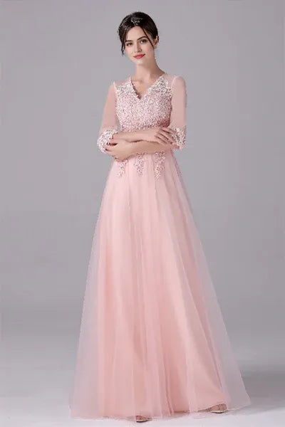 V-neck A-Line Floor Length Long sleeves mother's dress