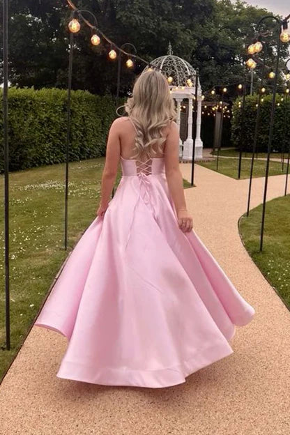 Light Pink Spaghetti Strap V-Neck A-Line Satin Floor-Length Evening Dress