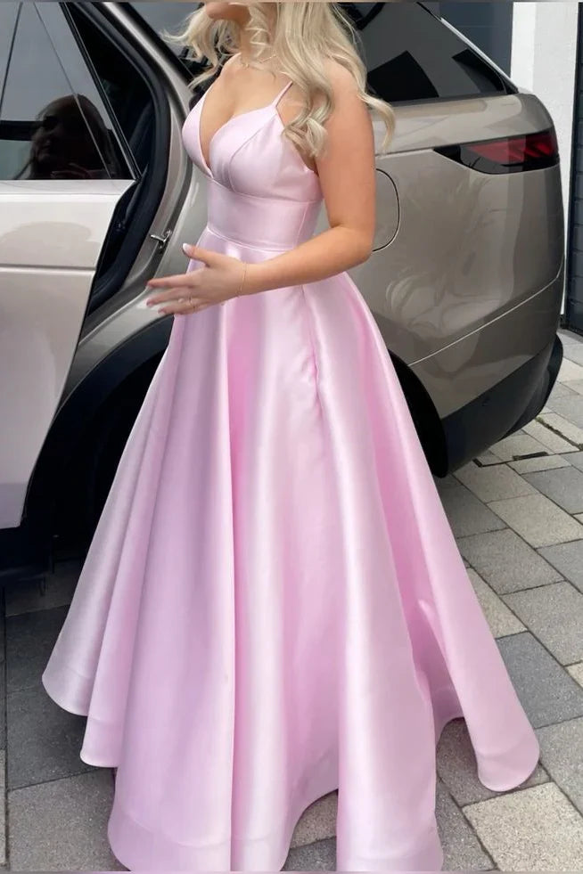 Light Pink Spaghetti Strap V-Neck A-Line Satin Floor-Length Evening Dress