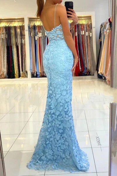 Sky Blue V-neck Sky High Split Special Design Evening Dress