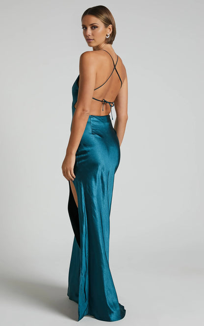 Timeless Special Occasion Elegant Teal Satin Sheath Open Back Floor-Length Evening Dress