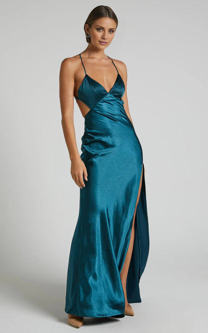 Timeless Special Occasion Elegant Teal Satin Sheath Open Back Floor-Length Evening Dress