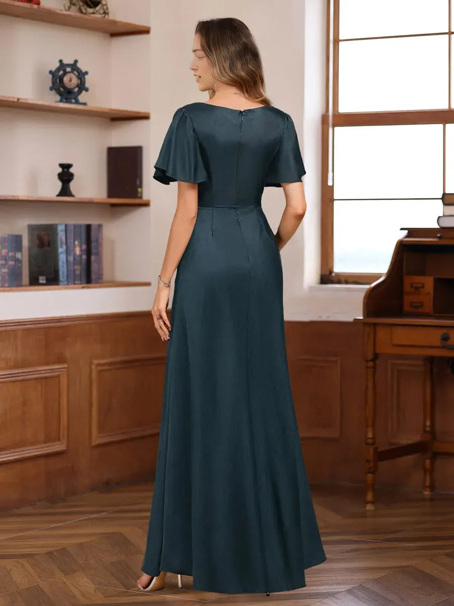V Neck Short Sleeves Floor Length Luxurious Mother of the Bride Dresses with Beadings Sequins
