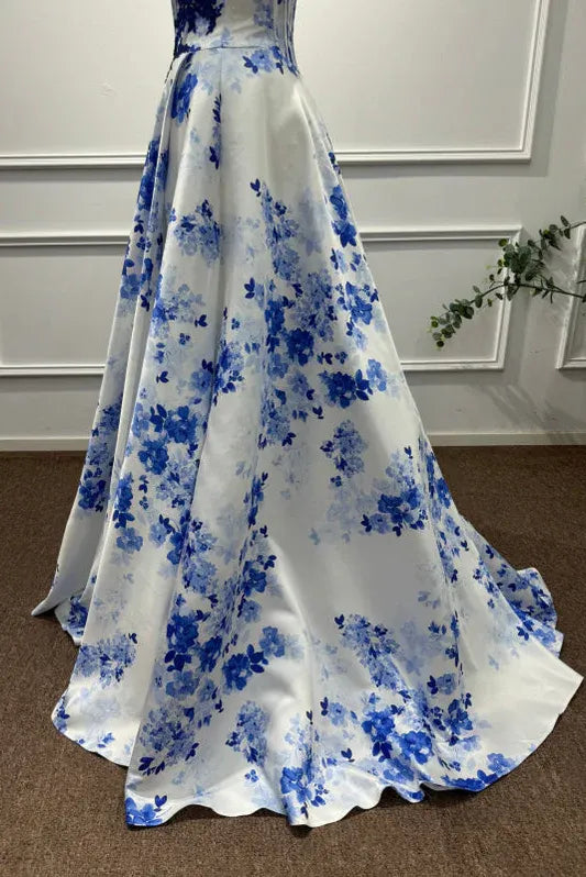 White Vibrant A-Line Sweetheart Neck Sleeveless Floral & White Maxi Prom Dress