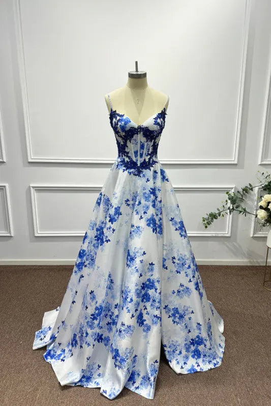 White Vibrant A-Line Sweetheart Neck Sleeveless Floral & White Maxi Prom Dress