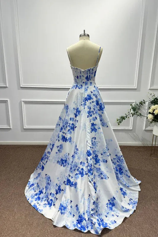 White Vibrant A-Line Sweetheart Neck Sleeveless Floral & White Maxi Prom Dress