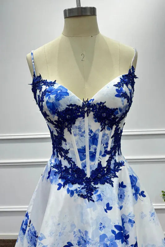 White Vibrant A-Line Sweetheart Neck Sleeveless Floral & White Maxi Prom Dress