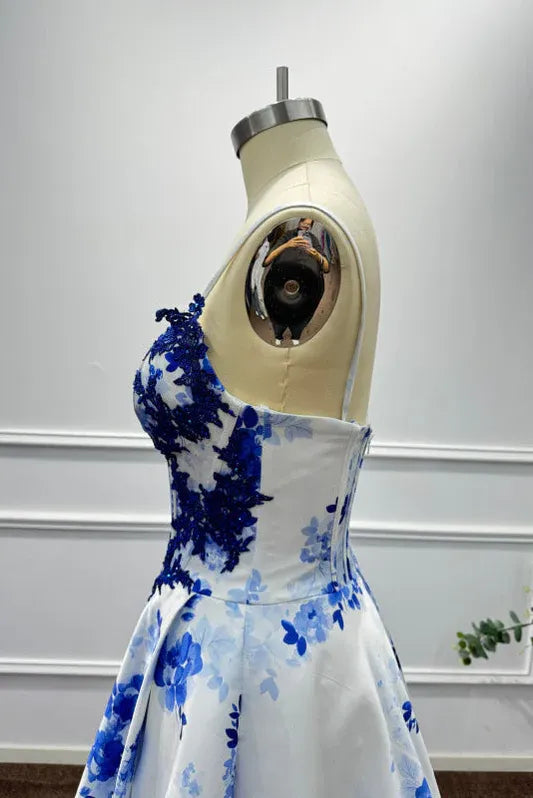 White Vibrant A-Line Sweetheart Neck Sleeveless Floral & White Maxi Prom Dress