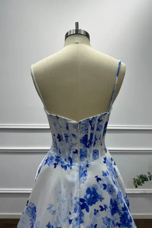 White Vibrant A-Line Sweetheart Neck Sleeveless Floral & White Maxi Prom Dress