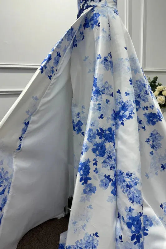 White Vibrant A-Line Sweetheart Neck Sleeveless Floral & White Maxi Prom Dress