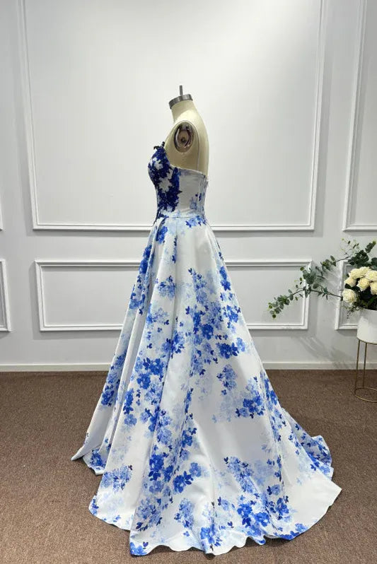 White Vibrant A-Line Sweetheart Neck Sleeveless Floral & White Maxi Prom Dress
