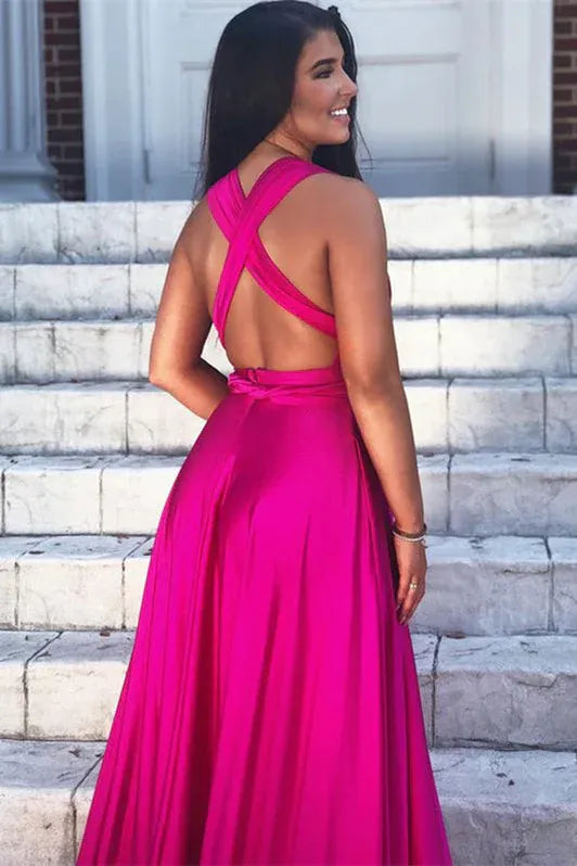Pink Vibrant A-line Deep V Neck Hot Slit Floor Prom Dress