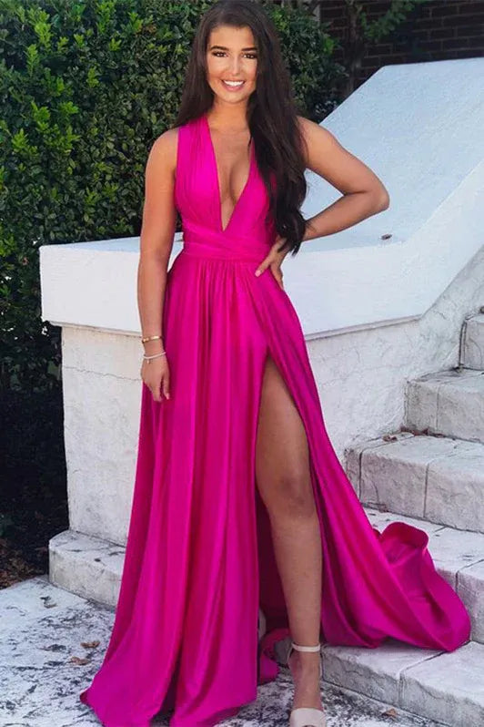 Pink Vibrant A-line Deep V Neck Hot Slit Floor Prom Dress