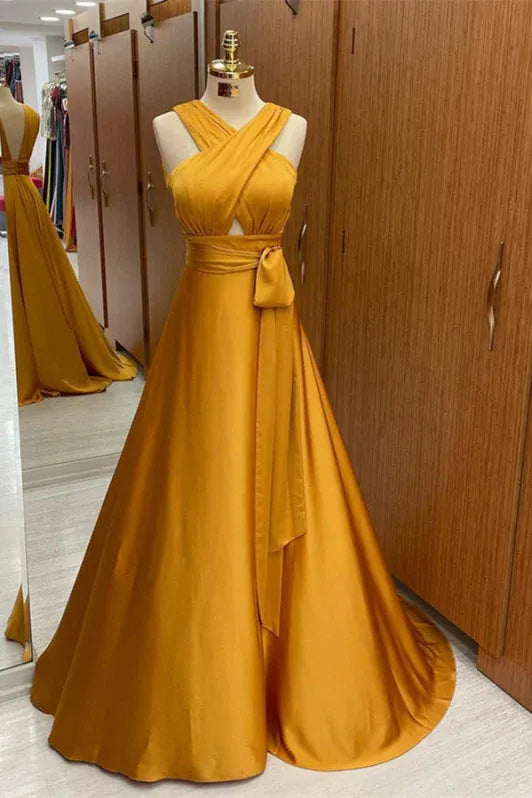 Yellow Vibrant A-line V-neck Sleeveless Cutout Mustard Floor-length Prom Dress
