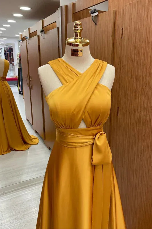 Yellow Vibrant A-line V-neck Sleeveless Cutout Mustard Floor-length Prom Dress