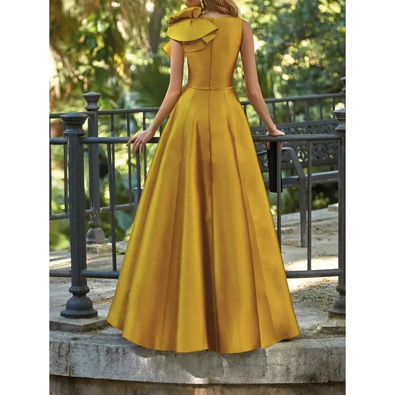 Yellow Vibrant A-line V-Neck Sleeveless Ruffled Mustard Floor-Length Prom Dress