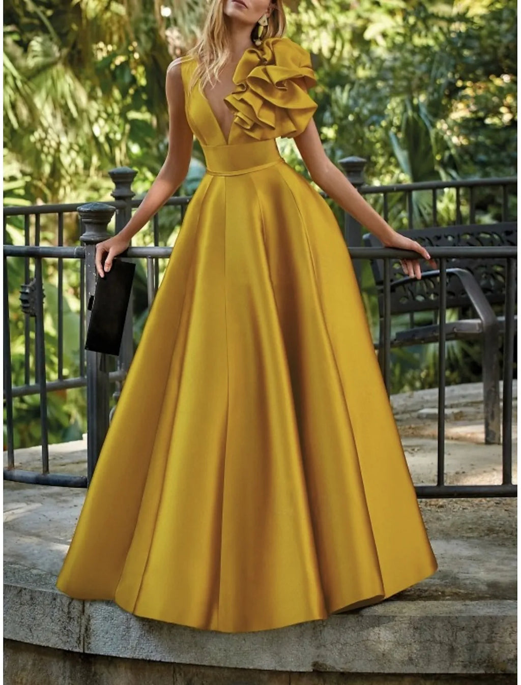 Yellow Vibrant A-line V-Neck Sleeveless Ruffled Mustard Floor-Length Prom Dress