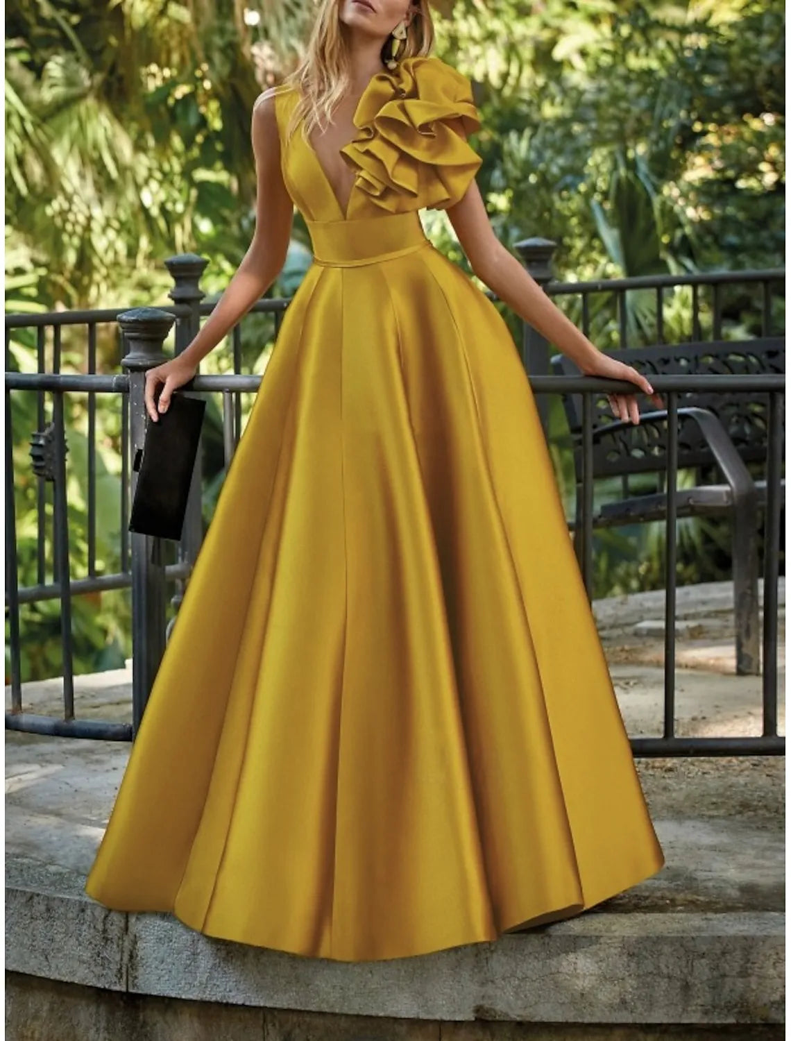 Yellow Vibrant A-line V-Neck Sleeveless Ruffled Mustard Floor-Length Prom Dress