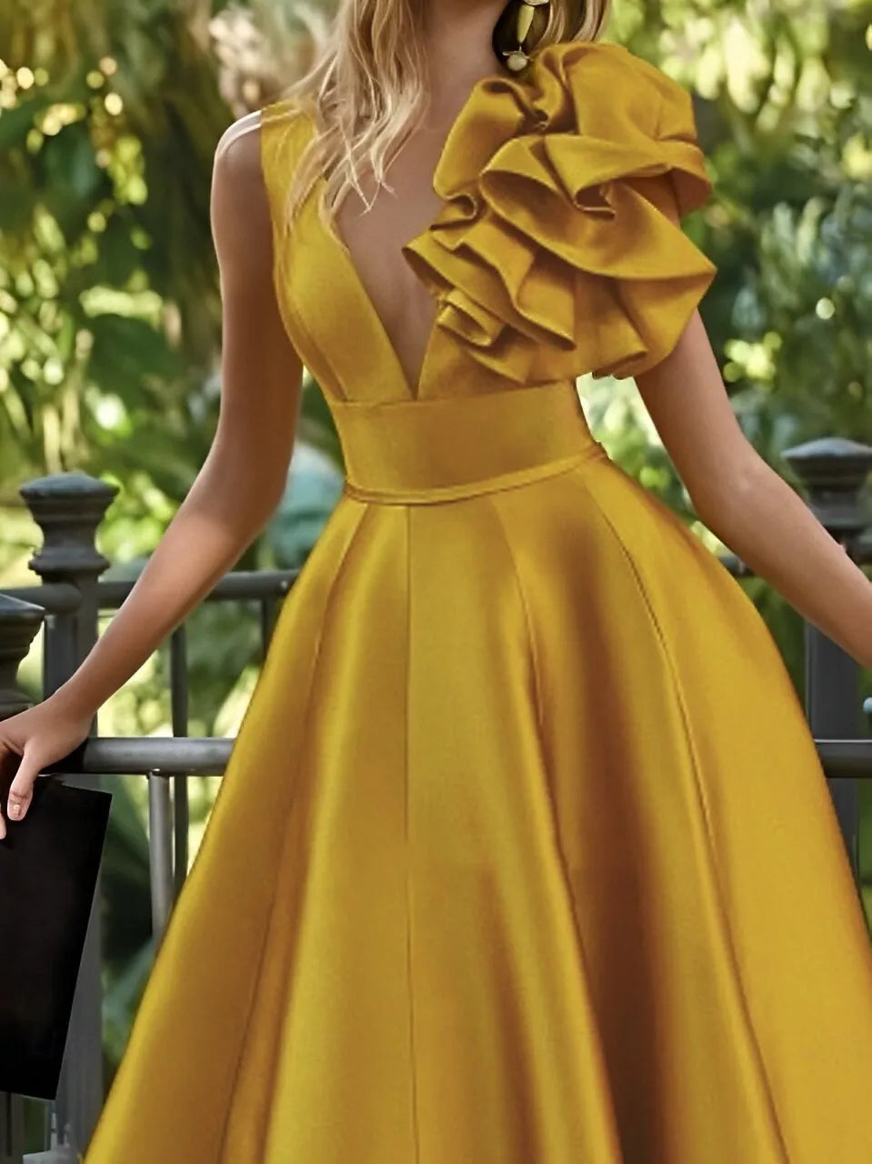 Yellow Vibrant A-line V-Neck Sleeveless Ruffled Mustard Floor-Length Prom Dress