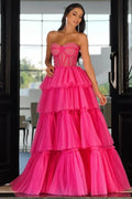 Pink Vibrant Ball Gown Strapless Corset Tie Hot Pink Floor Length Prom Dress For Women Hot Sale