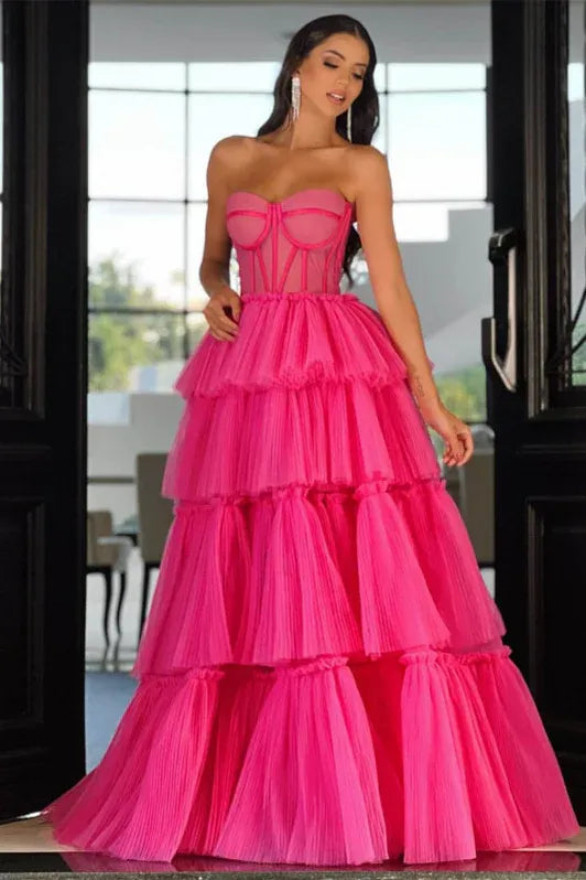 Pink Vibrant Ball Gown Strapless Corset Tie Hot Pink Floor Length Prom Dress For Women Hot Sale