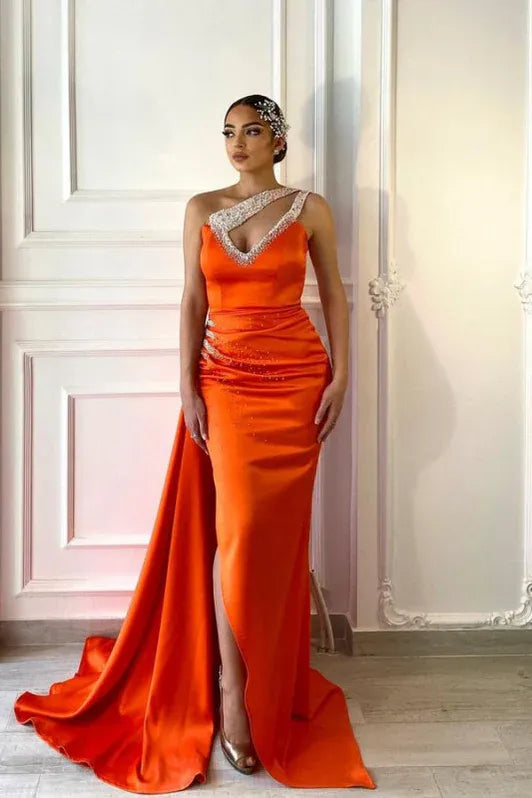 Orange Vibrant Mermaid One-shoulder Sleeveless Beaded Floor-length Prom Dress