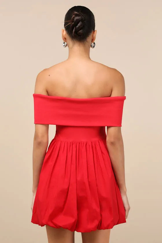 Red Vibrant Off - Shoulder Homecoming Dress Puff Skirt Flattering Neckline Be the Sweetheart of Your School Dance