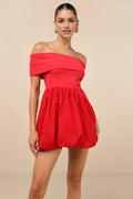 Red Vibrant Off - Shoulder Homecoming Dress Puff Skirt Flattering Neckline Be the Sweetheart of Your School Dance
