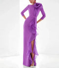 Vibrant Sheath Bateau-Neck 3/4 Sleeve Ruffled Violet Floor-Length Evening Dress