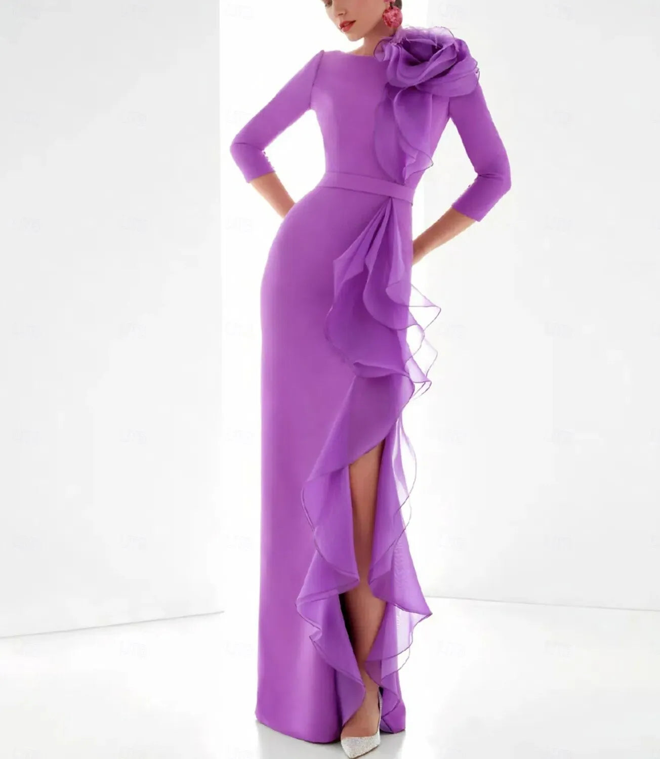 Vibrant Sheath Bateau-Neck 3/4 Sleeve Ruffled Violet Floor-Length Evening Dress