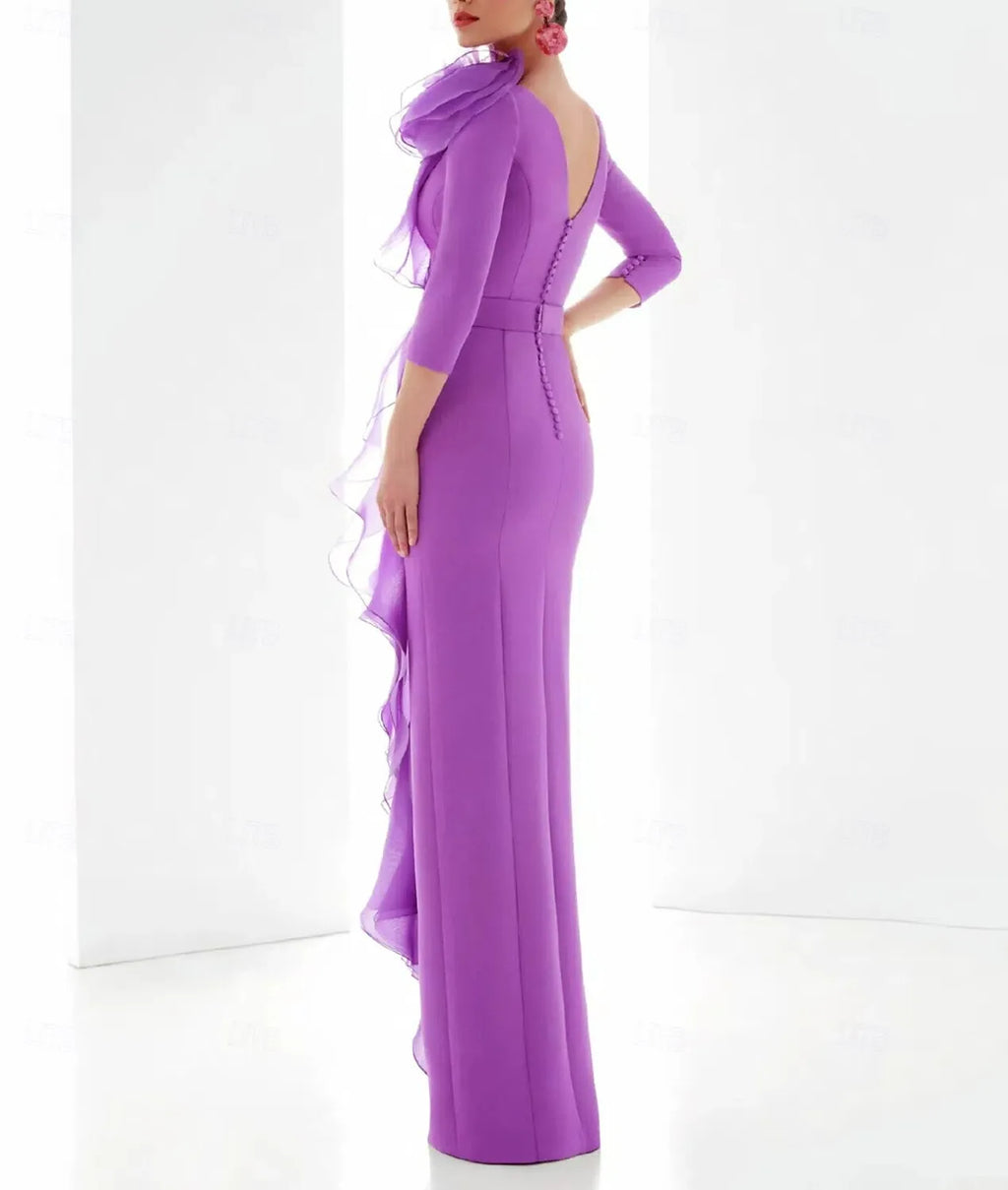 Vibrant Sheath Bateau-Neck 3/4 Sleeve Ruffled Violet Floor-Length Evening Dress